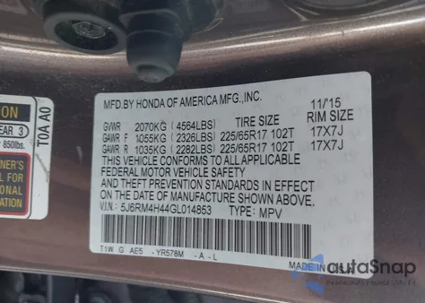 2016 Honda Cr-V Se from USA, damaged, VIN 5J6RM4H44GL014853